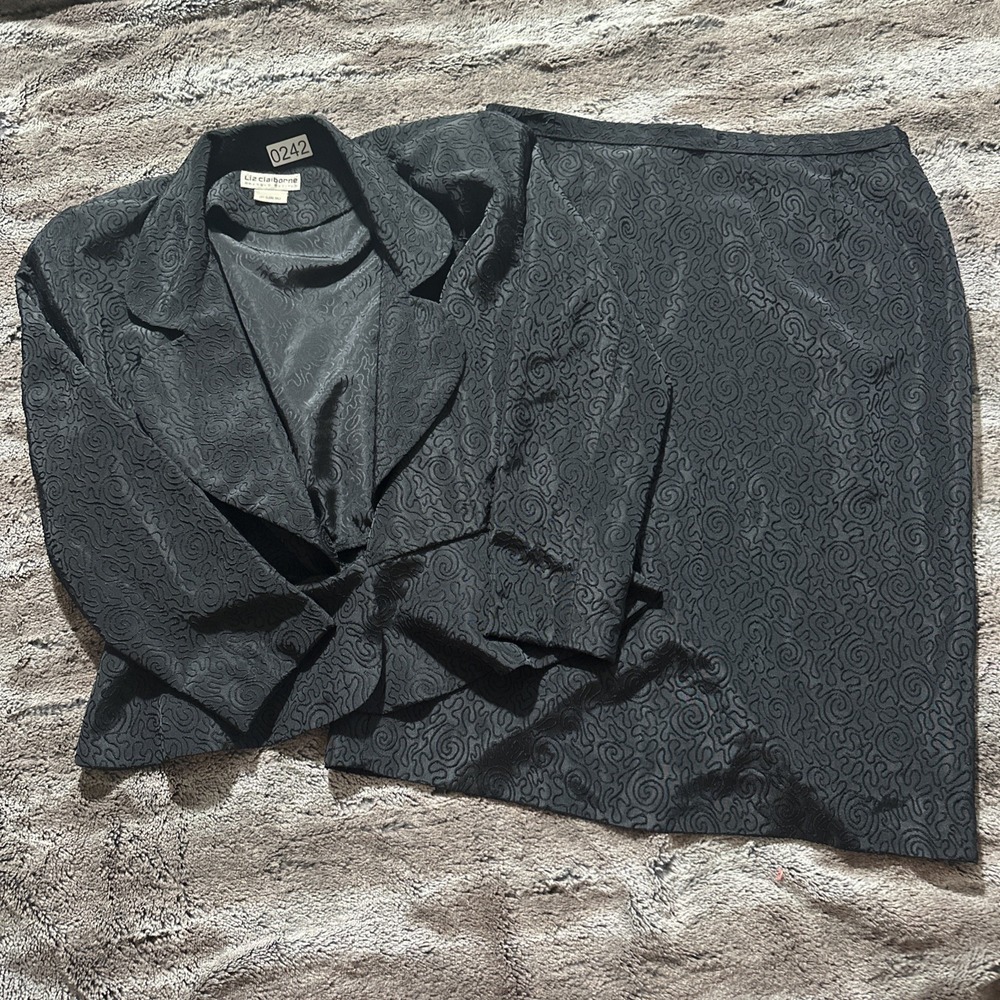 Vintage Liz Claiborne Womens Skirt Suit 8 Petite Black Long Sleeve Blazer 90's
